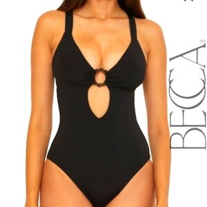 NWT BECCA BY REBECCA VIRTUE Marble Canyon Ring One-Piece Swimsuit- BLACK